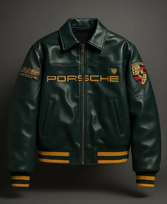 Premium Porsche Racing Leather Jacket | Urbon Cloth(Green)