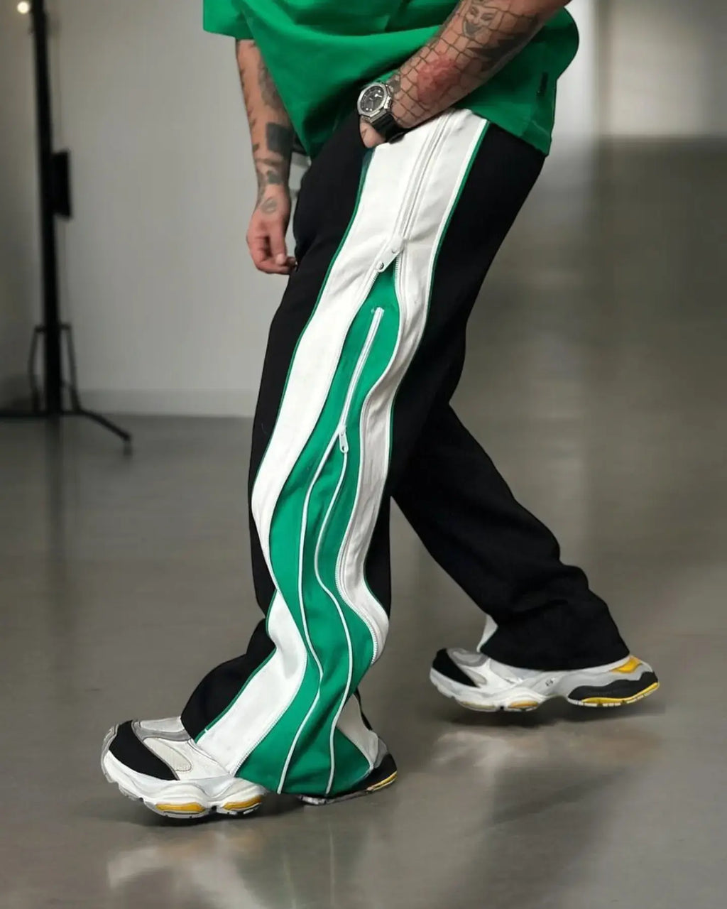 Green 3-Way Double-Zip Wide-Leg Baggy Pants – Urbon Cloth