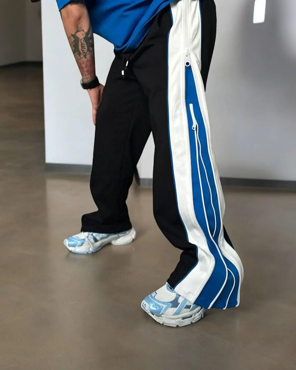 Double-Zip Blue Wide-Leg Urban Baggy Pants