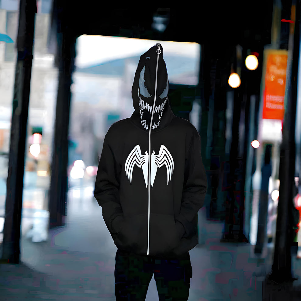 Venom-Inspired Sleek Black Zip-Up Hoodie